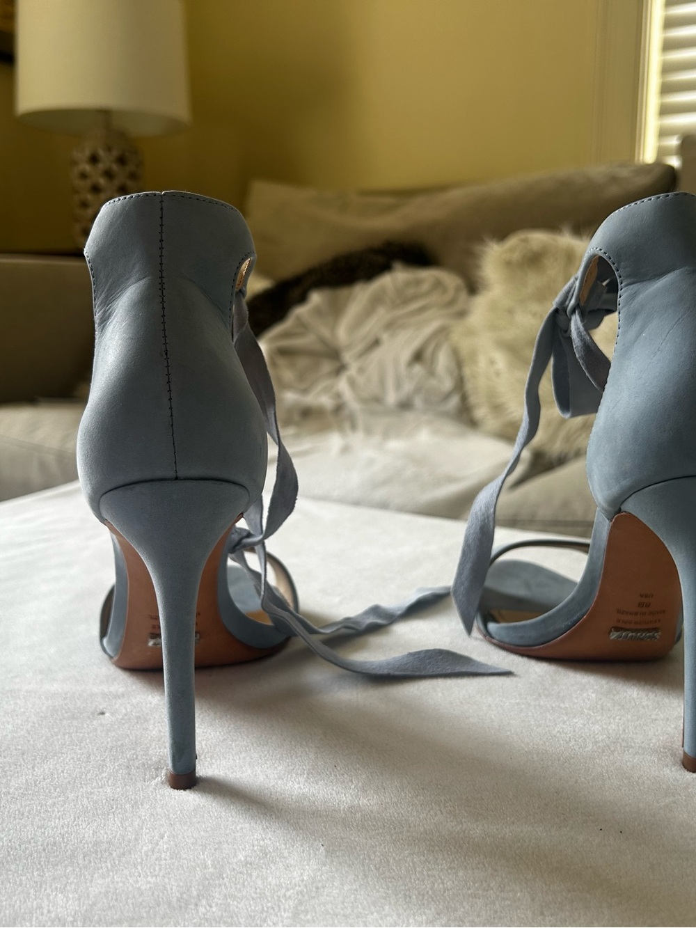 SCHUTZ Powder Blue Suede Lace-Up Heeled Sandals - Picture 5 of 8